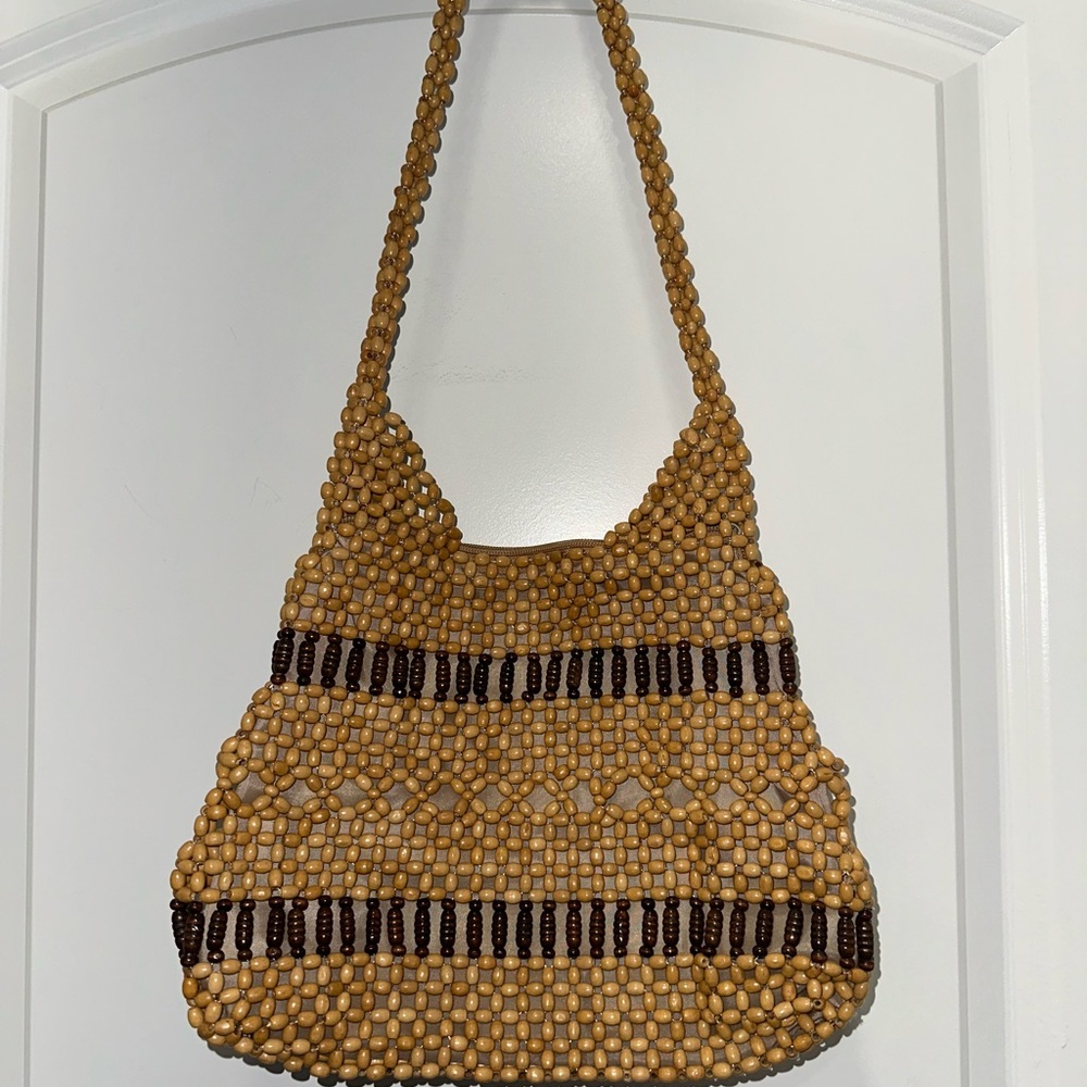 Elegant Beaded Tan and Brown Shoulder Bag